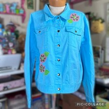 Vtg Floral Bright Blue Denim Jacket Y2k Applique Polka Dot Daisy Dopamine Jean
