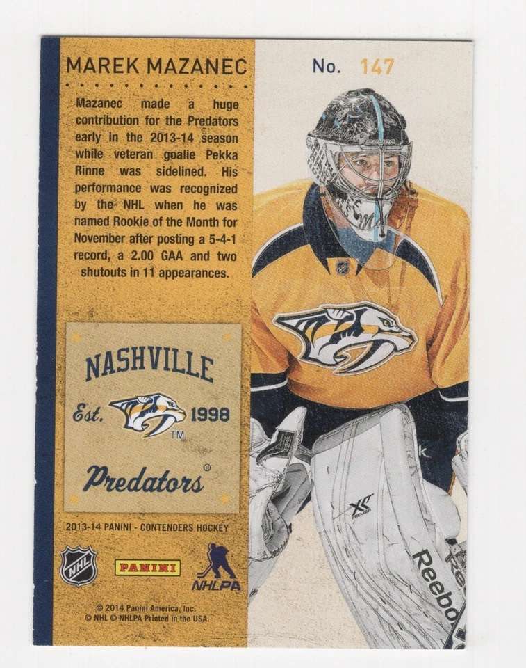 2013-14 PANINI CONTENDERS HOCKEY RC MAREK MAZANEC 303/600 NASHVILLE PREDATORS - Image 2 of 2