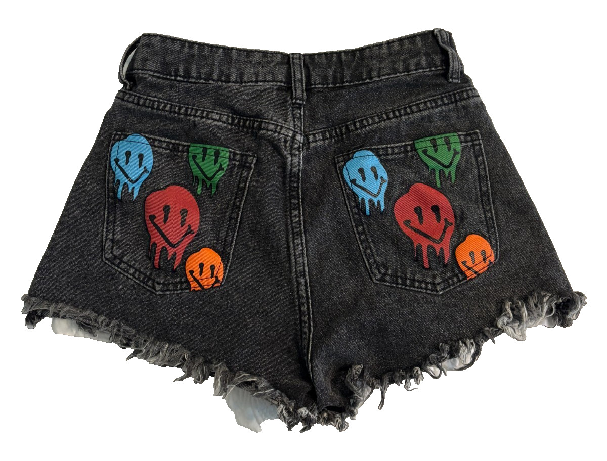 Shorts Women’s Size XS Black Denim Smiley Face Distressed Raw Hem (K112)-image