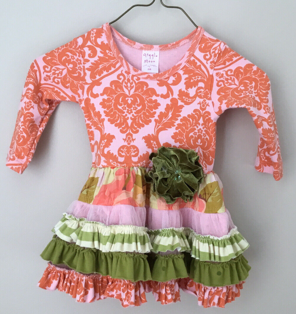 Baby Girls Giggle Moon Peach and Size Month Dress Green Regular store Ruffle 6 Elegant