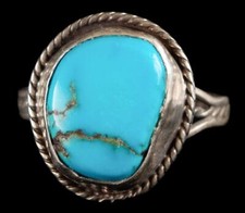 Vintage Native American Sterling Silver Turquoise Ring  Band Rope Design 4.5gr