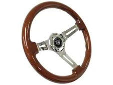 14" Chrome 6 Hole Slotted Mahogany Wood Grip Steering Wheel w/ Horn Button
