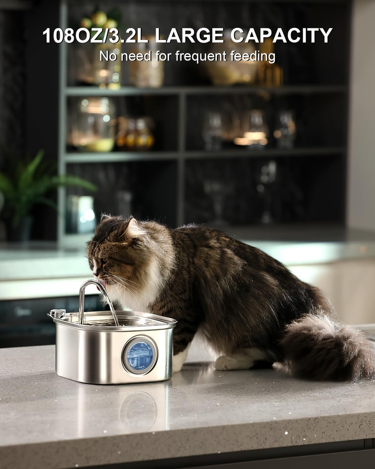 Cat Water Fountain, 3.2L/108Oz Stainless Steel Pet Water Fountain ，Cat