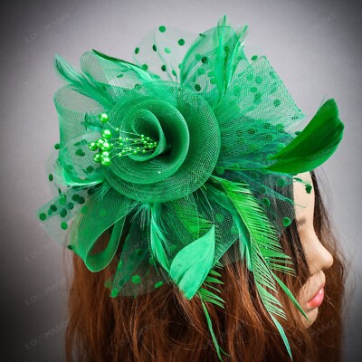 Fascinator Hat Veil Feather Green Emerald Green Flower Bridal Fascinator With Birdcage Veil  main image 2