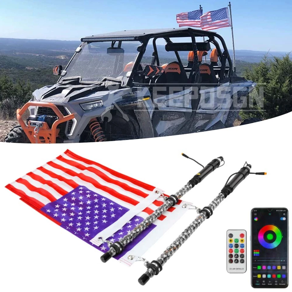 Antena de látigo LED espiral iluminada de 2 pies + bandera de Estados Unidos para Polaris Ranger Crew XP 1000 900 Foto 3 de 4