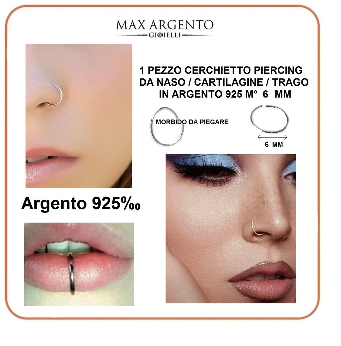 Orecchini A Cerchio In Argento 925 Con Sfera – 8mm, Spessore 20G, Placcato Oro Bianco, Per Trago, Cartilagine, Naso, Labbro