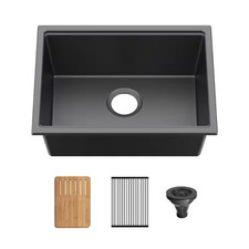 23In. Undermount Single Bowl Matte Black Quartz Workstation Kitchen Sink W/ Cutt
