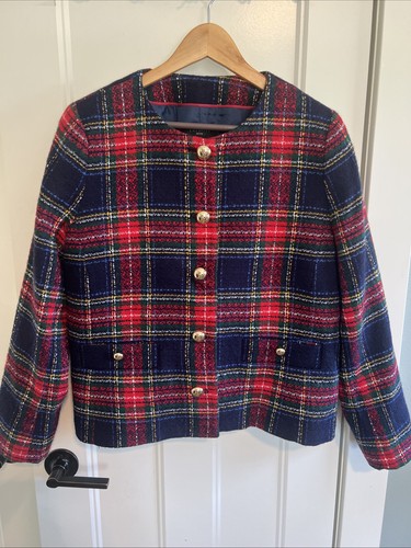 Talbots Red and Blue Tartan Plaid Blazer Classic Collarless Sz 14p - Picture 1 of 6