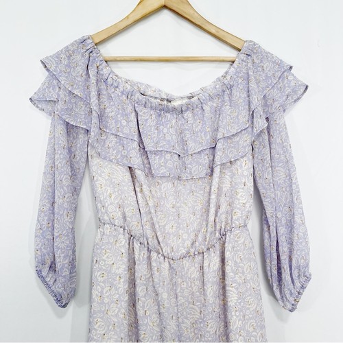 Express Womens Purple Metallic Off the Shoulder Ruffle Romper Small Summer - Picture 3 of 9
