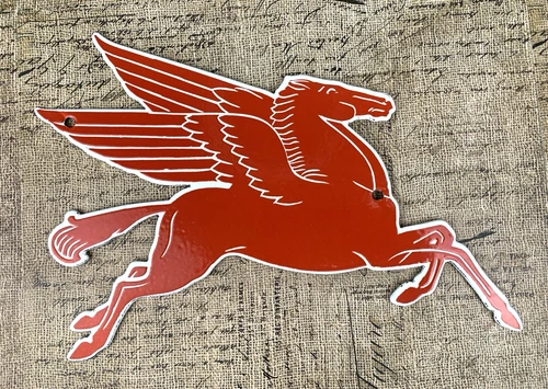 VINTAGE 12x9.5" MOBILGAS MOBILOIL RED PEGASUS PORCELAIN GAS PUMP STATION SIGN