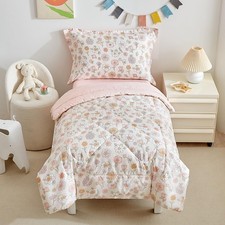 Floral 4 Piece Girls Toddler Bed Comforter Set Pink Flower Reversible Toddler...