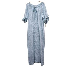 Vintage NWT Dreamaway Floral Nightgown L Blue Zip Front Tie Neck Vintage Lounge
