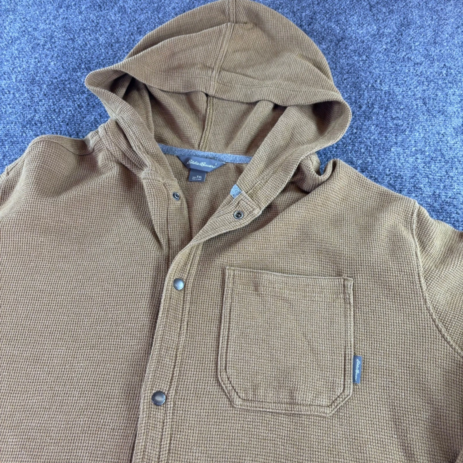 Eddie Bauer Waffle Knit Thermal Hoodie Mens TXL Brown Snap Front Shirt Jacket
Opens in a new window