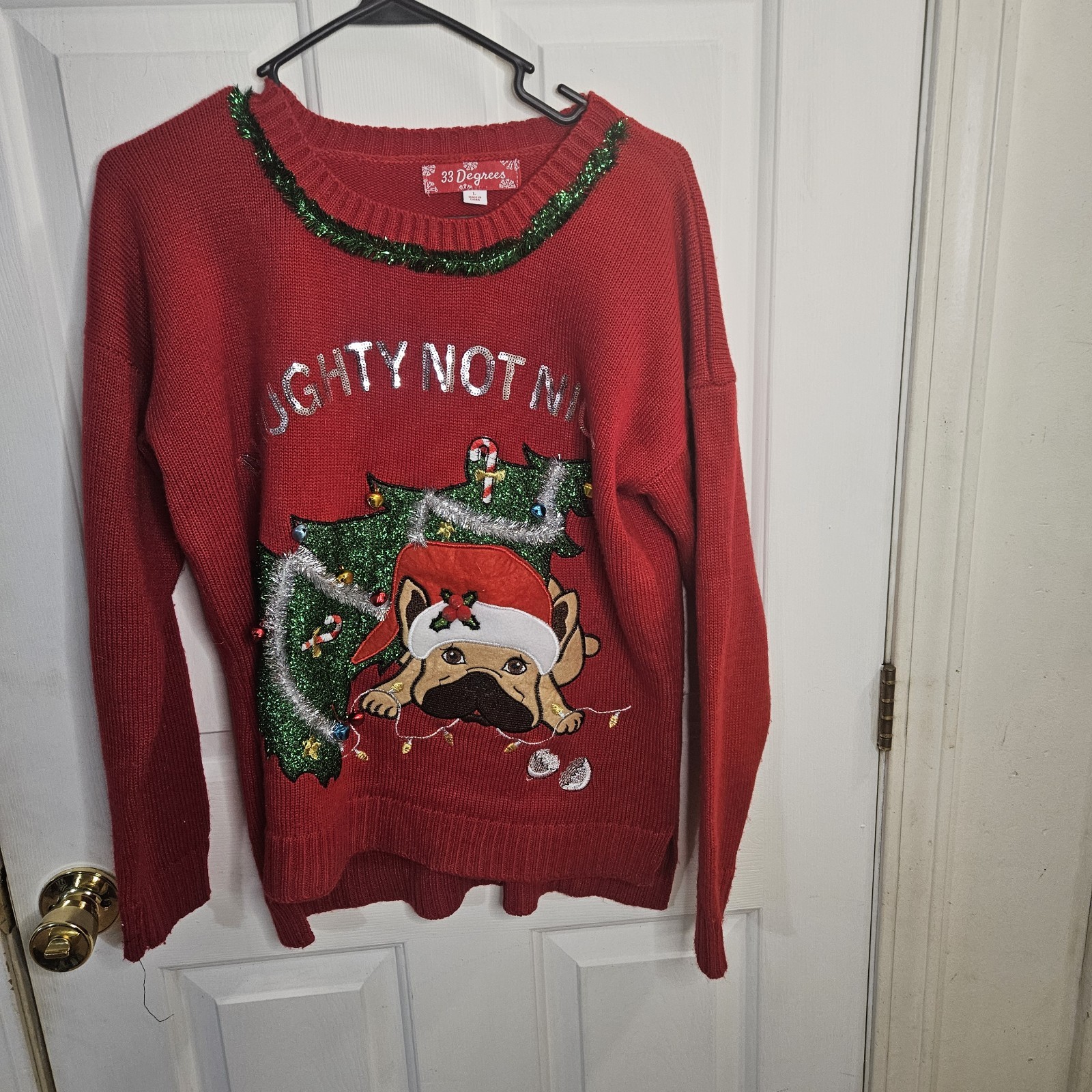 Festive Winter 33 Degrees Women's Large Ugly Christmas Dog Sweater 3D Holiday