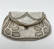 VINTAGE SMALL WHITE AND BROWN BEADED PURSE 1930s