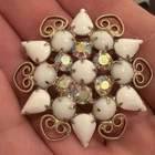 Vintage Ornate Golden Aurora Borealis Rhinestone & Milk Glass Brooch  Circa 1960