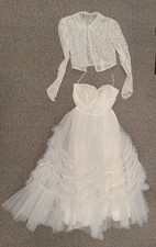 1940s Wedding Corset Dress  Bolero Set Ivory Tulle Floral Embroidered Antique