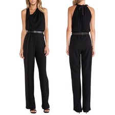 Halston Heritage Jumpsuit Asymmetrical Neckline Wide Leg Black Womens 10