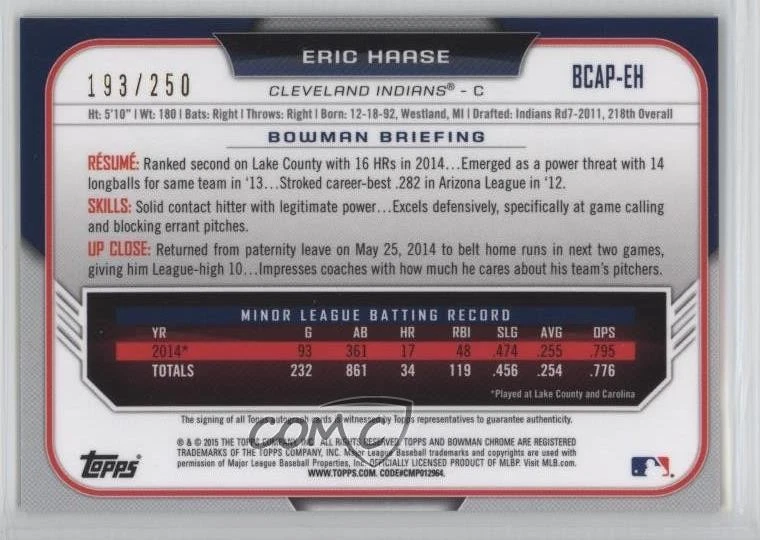 2015 Bowman Chrome Prospects Purple Refractor /250 Eric Haase #BCAP-EH Auto - Image 2 of 2