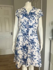 Joe Browns Shirt Dress Womens UK 12 White Blue Floral Knee Length Casual