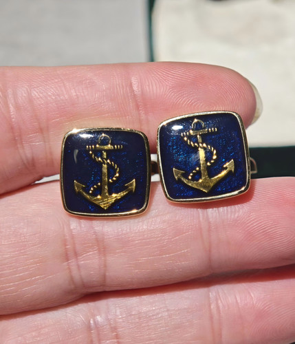 Vintage Giovanni Enamel Anchor Cufflinks Gold Tone Nautical Suit Accessories