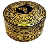 Vintage Burmese Black Lacquer Gold Painted Round Wooden Box