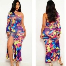 Stretch Colorful Tie Dye One Shoulder Maxi Dress Chocker Neck New S M L