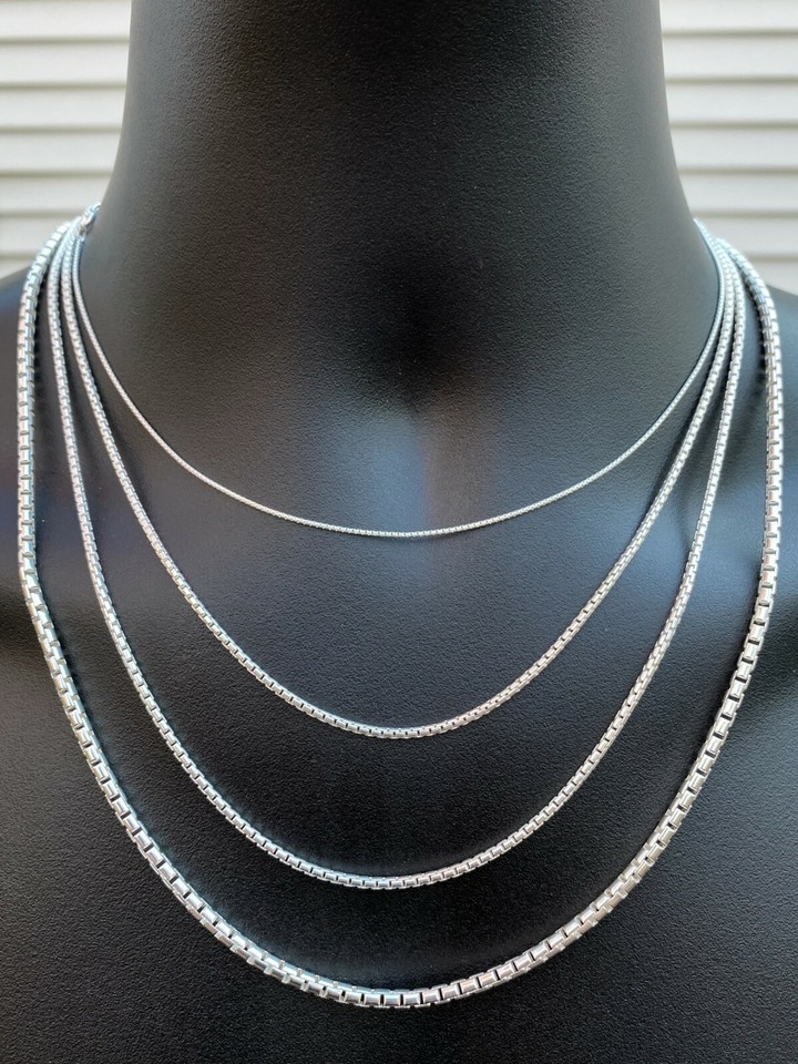 Real Solid 925 Sterling Silver Rounded Box Chain 1-3mm Necklace Men ...
