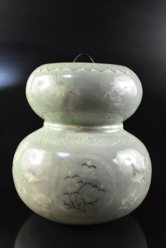F2092: Korean Goryeo celadon Cloud Crane inlay Gourd-shaped FRESH WATER POT - Photo 1/10