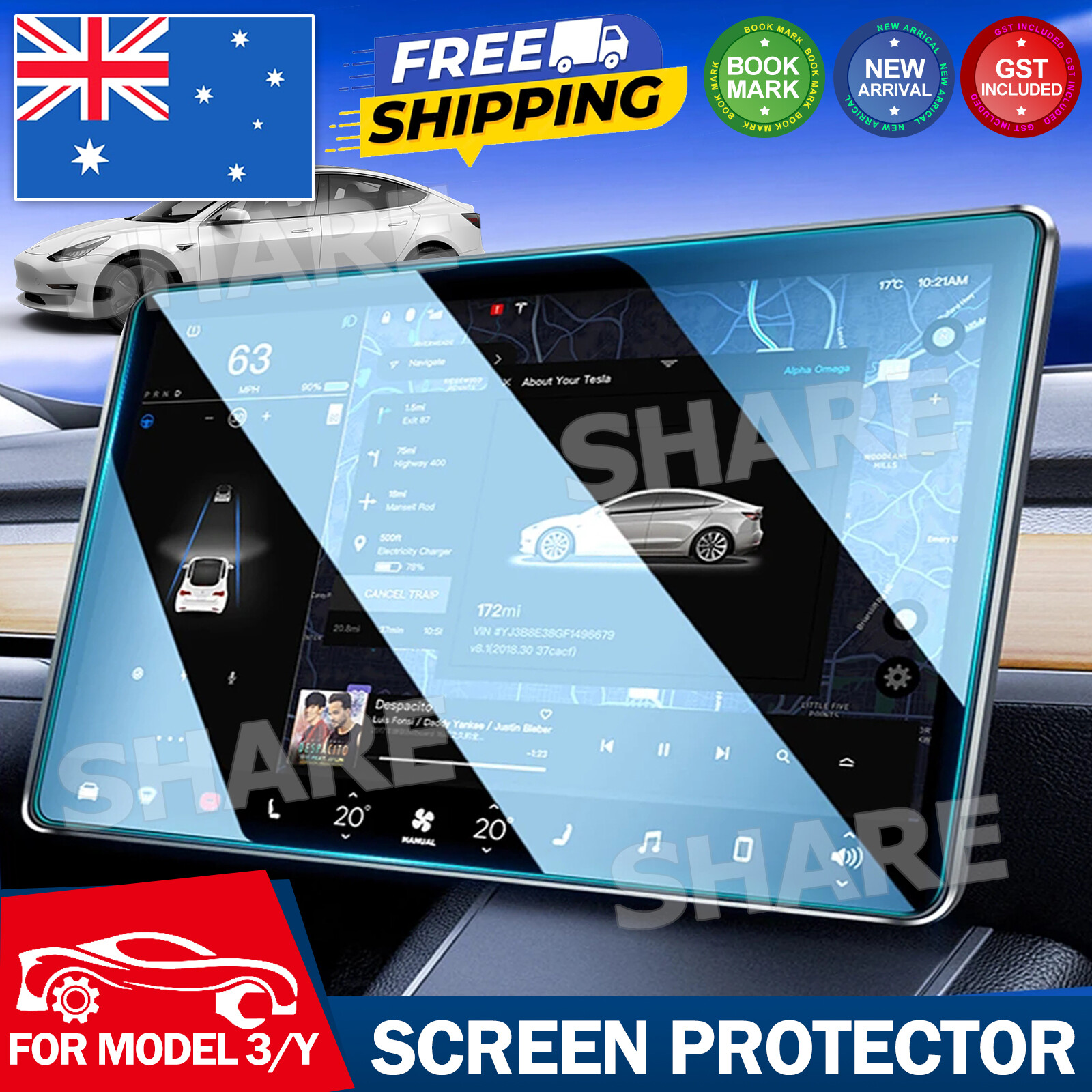 For Tesla Model 3 Y (pre-2024) Touch Screen Tempered Glass Screen Protector HD