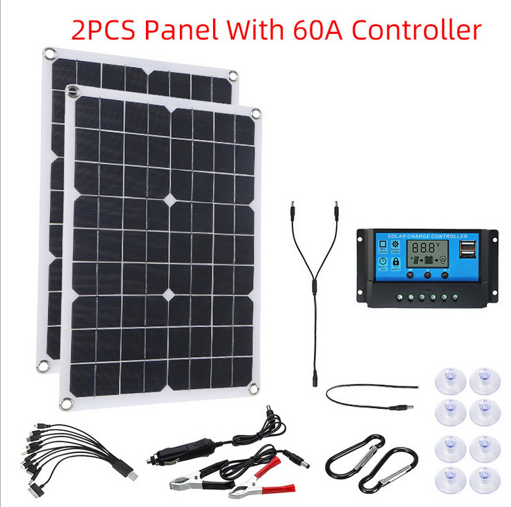 2 PIEZAS Kit de Panel Solar 500W Doble Alimentación USB 60A Controlador Cargador de Batería Caravana