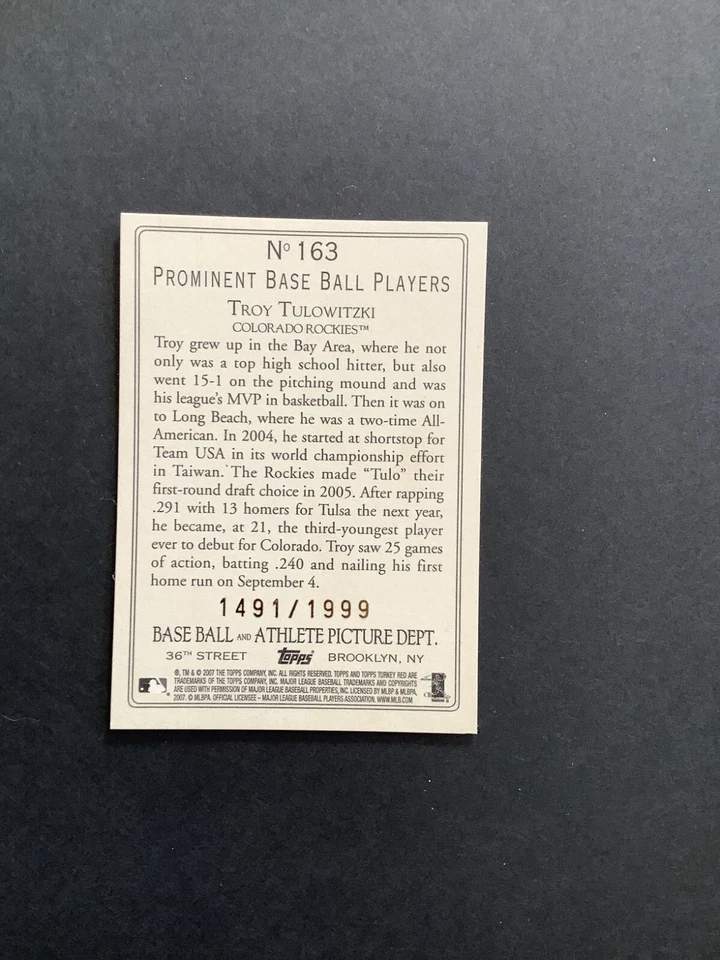 2007 Topps Turkey Red - #163 Troy Tulowitzki Chrome /1999 Rookie RC - Image 3 of 4