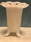 VINTAGE IMPERIAL GLASS 4.75" MILK GLASS DIAMOND POINT, LACE RIM, FOOTED VASE