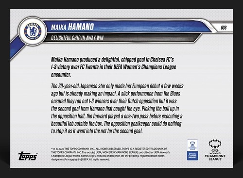 2024/2025 TOPPS NOW UCL DONNE ⭐ MAIKA HAMANO ⭐ CHELSEA FC ☄️ N. 3 - Picture 2 of 2