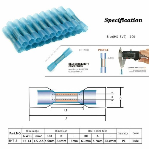 100Pcs Blue 14-16AWG Heat Shrink Waterproof Wire Connectors Butt Seal Terminals - Picture 3 of 12