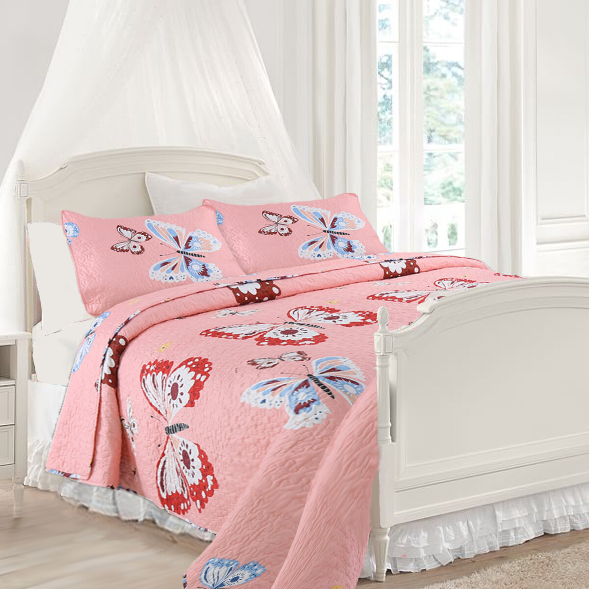 Coral Pink Butterflies Girl Quilt Set, Bedspread, Coverlet
