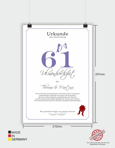 Hochzeitstag Geschenk Urkunde 1-80 Hochzeitstag Ehejubiläum wählbar - Bild 431 von 567