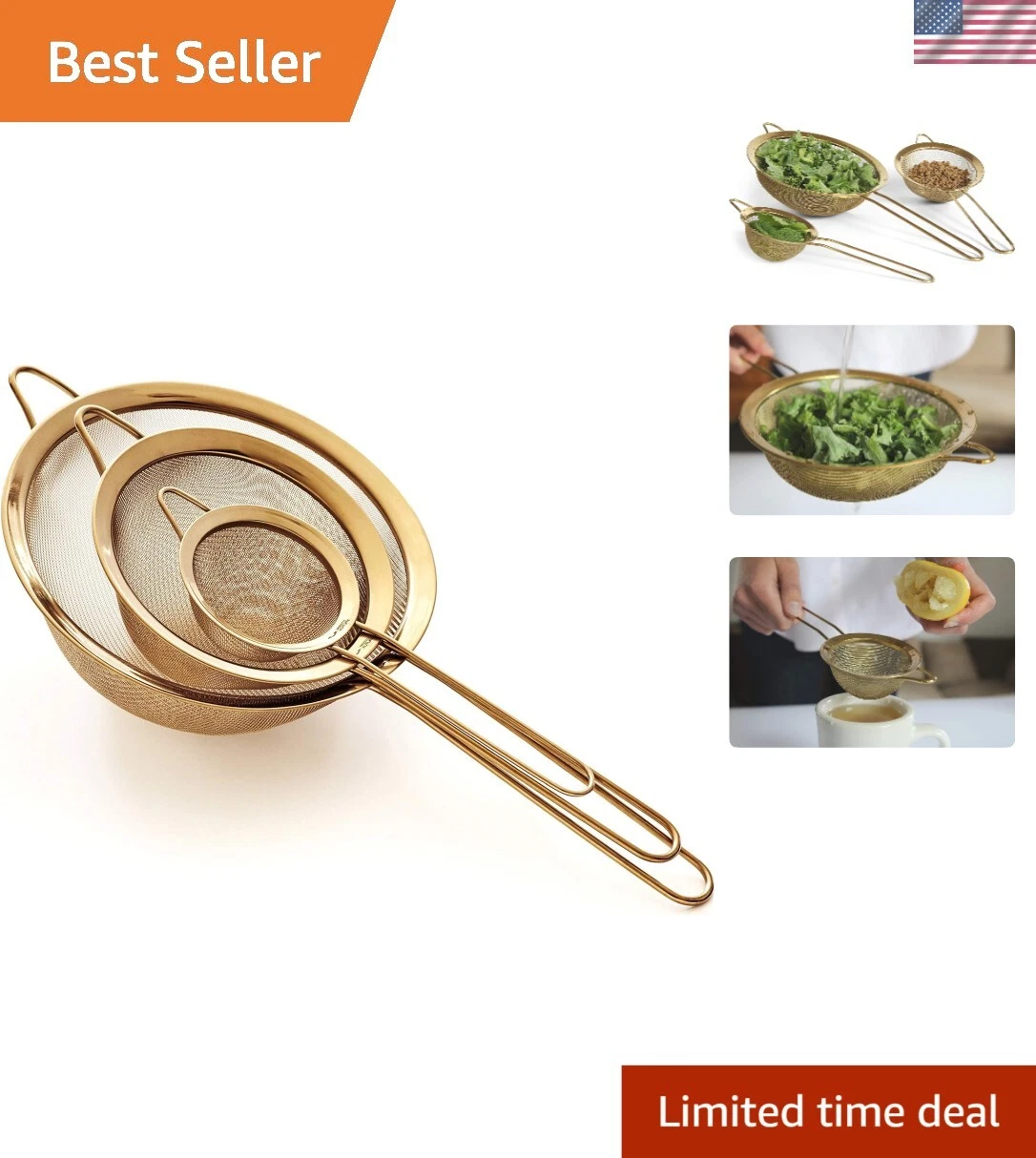 Premium 304 Stainless Steel Fine Mesh Strainer Set - Gold - 3 Sizes for Kitchen