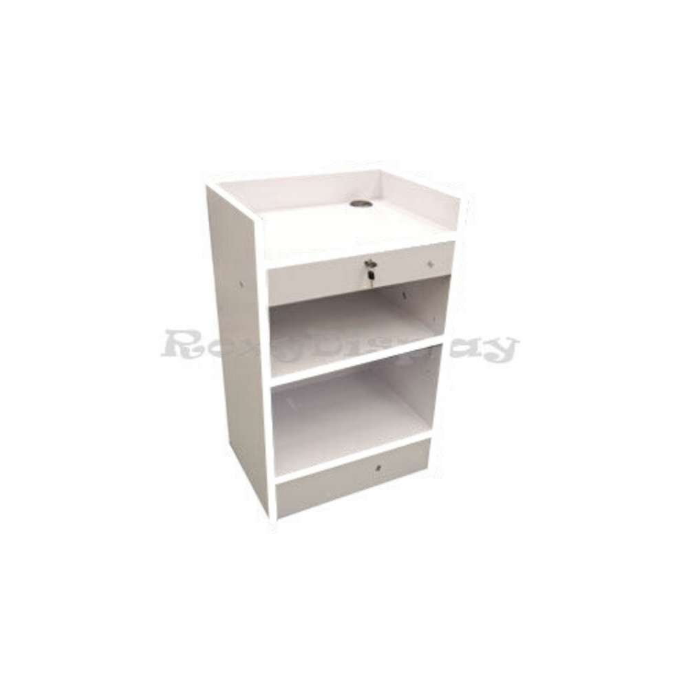 White Wood Veneer Register Check Out Stand with Pull-Out Drawer and Shelving