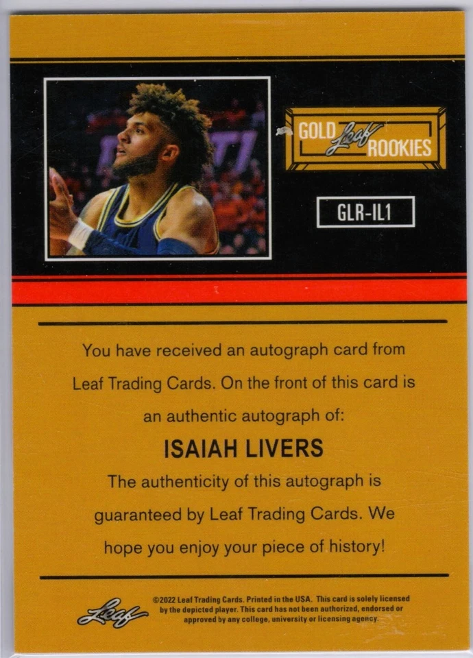 2021-22 Leaf Memories Basketball Isaiah Livers Gold Auto Michigan Detroit 🔥 - Image 2 of 2