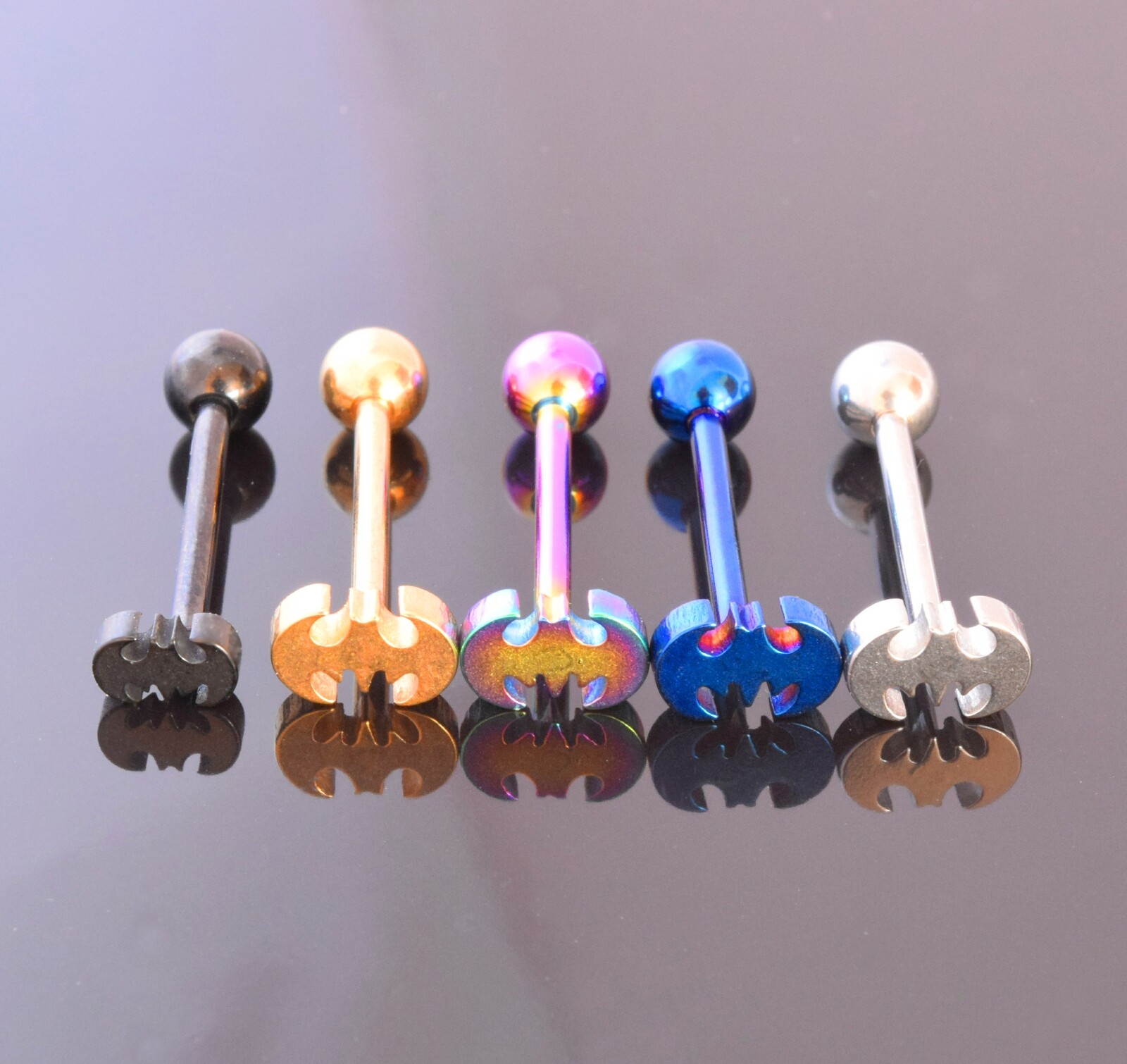 Tongue Bar Batman Logo Barbell Gold Anodized Surgical Steel Body Piercing 14g