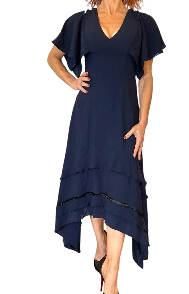 VESTIDO MIDI DEREK LAM SEDA AZUL MARINO VOLANTE ASIMÉTRICO CAPAS MANGA CORTA 2 Foto 2 de 4