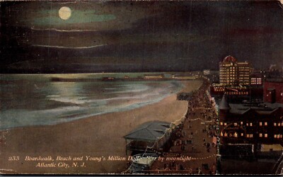 POSTCARD BOARDWALK BEACH YOUNG'S MILLION DOLLER PIER LANTIC CITY NEW JERSEY