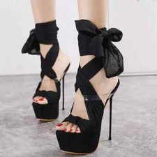 Sandales Talon Aiguille 16 CM Travail Gros Noir Lacets Cuir Synthetique CZ007