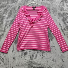 Vintage Lauren Ralph Lauren Top Women L Pink White Striped Ruffled V-Neck Preppy