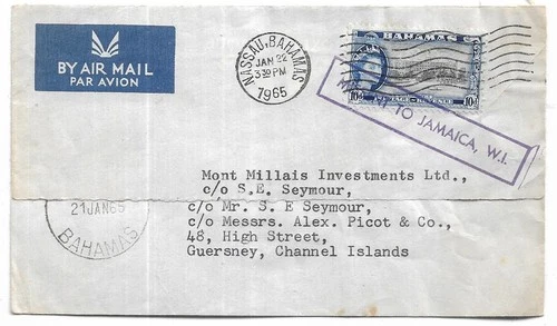MISSENT TO JAMAICA CACHET ON BAHAMAS QEII 1965 TYPED COVER TO GUERNSEY REF 33
