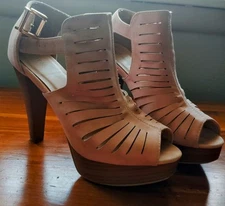 TOP Moda Peep Toe Platform Chunky Heel Back Buckle T-Strap Pumps Blush7.5