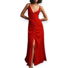 Free People Simone Maxi Dress Bright Red Size 2 Ruched Slit Sexy Chiffon Open