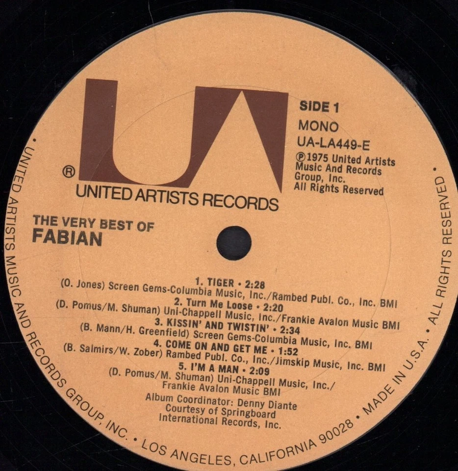 Fabian Very Best of LP vinyl USA United Artists 1975 has clip top corner of - Image 3 of 3