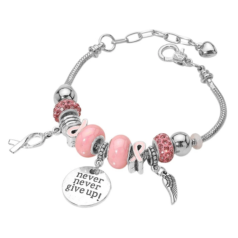Never Give Up Pink Ribbon Charm Wing Disc Multi Beaded Bracelet for Women - Image 2 of 2